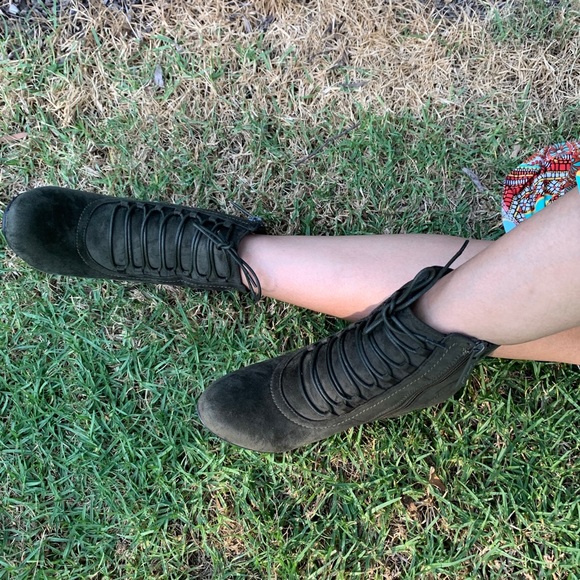 Olive Faux Suede Ankle Booties - Picture 2 of 6